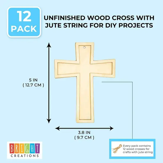 Bright Creations 12 Pack Unfinished Wooden Cross with Jute String, Small Wooden Crosses for Crafts, DIY Cross for Religious Events, Baptism, and Easter Decorations (3.8 x 5 In) Brown {2}