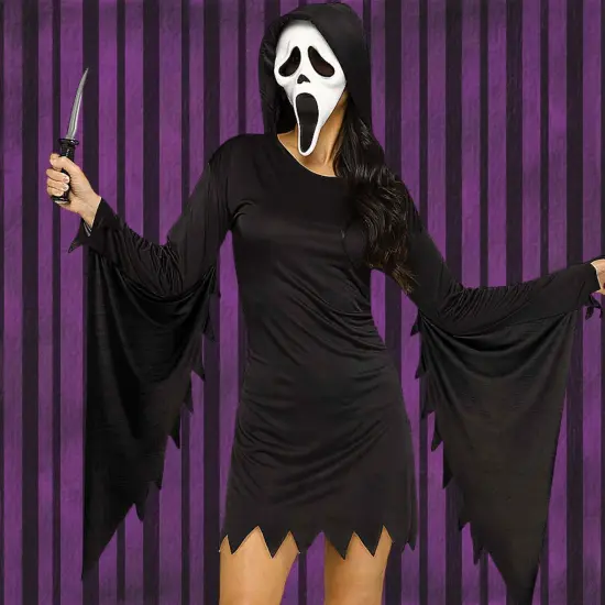 Adult Small Medium Ghost Face Glamour Hooded Mini Dress Costume {2}