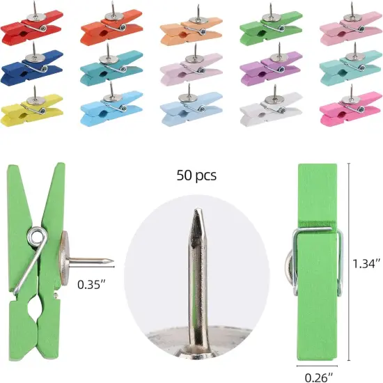 50Pcs Wooden Clips Push Pins Tacks for Cork Board Artwork {2}