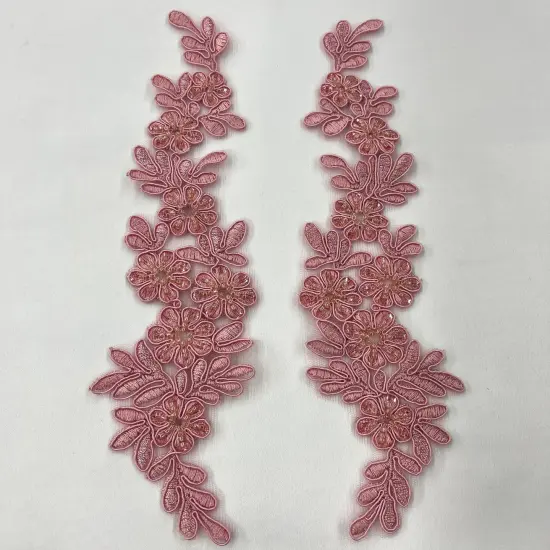 1 Pair 9.5" x 2" Each Side Beaded & Corded Floral Lace Applique Embroidered on 100% Polyester Net Mesh Dusty Rose {1}