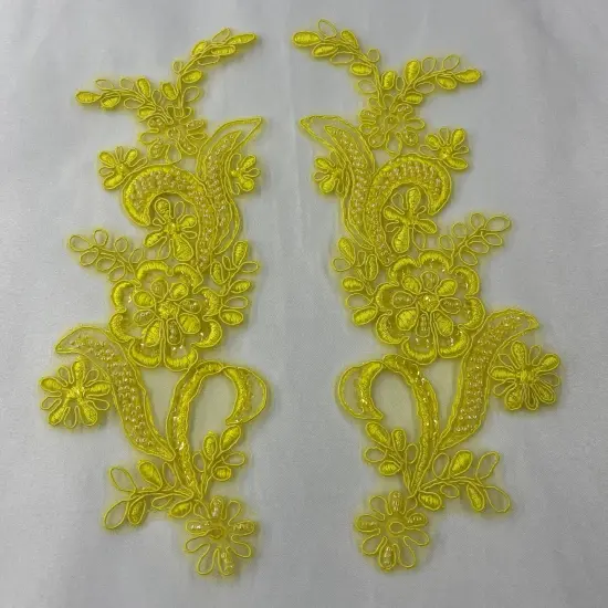 1 Pair Beaded & Corded Floral Lace Applique 9" x 2.5" Each Side Yellow {1}