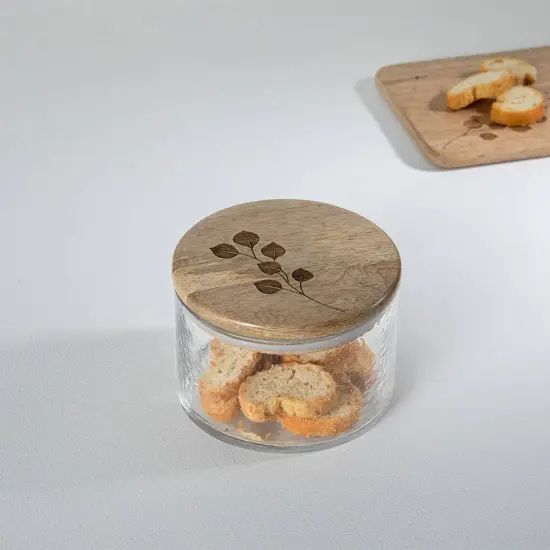 Leafy Twig Glass Jar/Container with Wooden Lid-700 ml {1}
