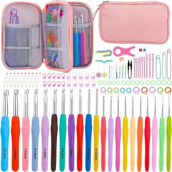 120Pcs Crochet Needles Set - Crochet Hooks with Case, Stitch Markers, Blunt Needles, Plastic Sewing Needles, Stitch Holders, Crochet Knitting Accessories, Crochet Kit for Beginners {1}