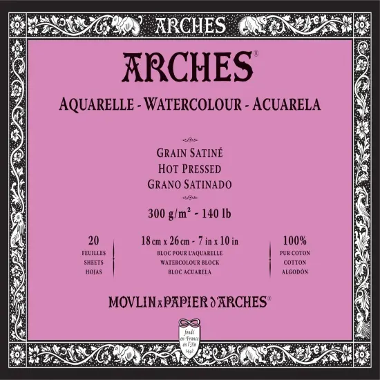 Arches Aquarelle Hot Pressed Watercolor Block 7"X10"- 140lb, 20 Sheets {1}