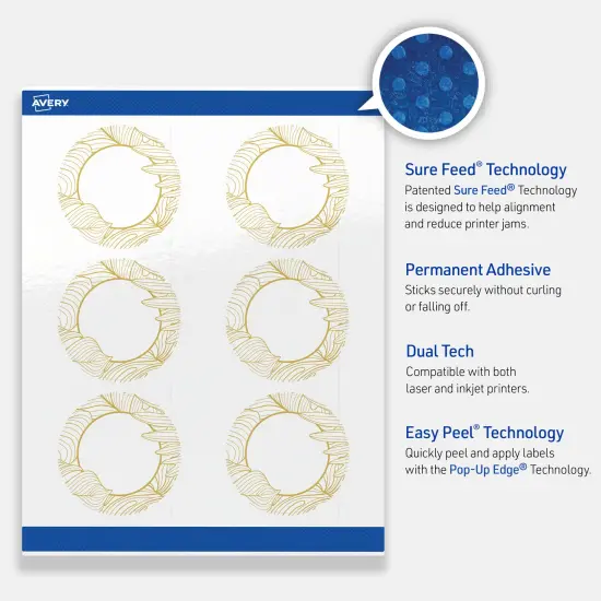 Avery Printable Round Labels with Sure Feed Technology, Pre-Printed Gold Florals, Glossy White, 3" Diameter, Laser & Inkjet Compatible, 60 Total, Great for Branding, Marketing, and Events {3}