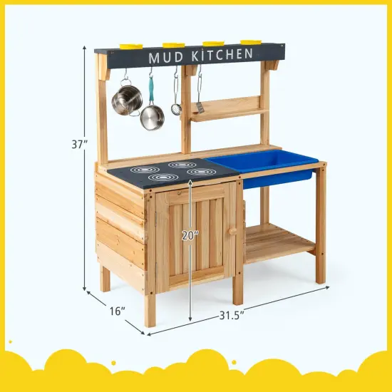Costway Kids Kitchen Playset Wooden Outdoor Mud Kitchen Pretend Play Toy W/ Kitchenware {3}
