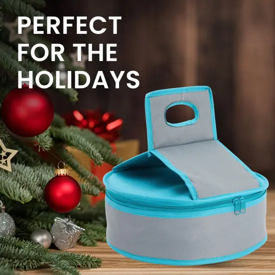 Round Thermal Insulated Casserole Carrier - Food Warmer Bag Container to Keep Food Hot for Lunch, Potluck Dish, Picnics, Pie, Transport (Teal and Grey, 4.5x12.25 in) Blue {4}