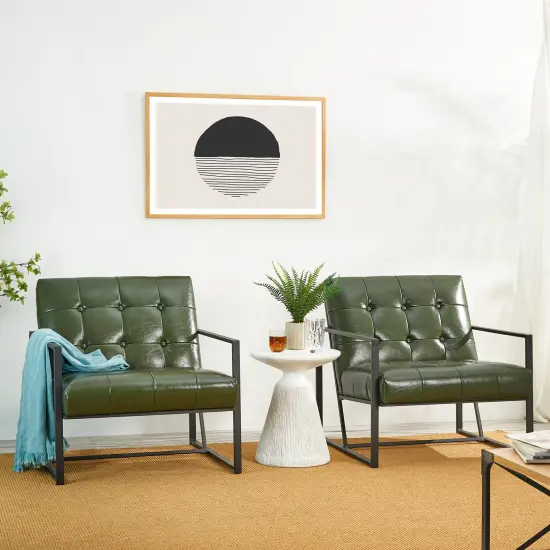 30.5"H Mid-Century Modern Leatherette Button-tufted Accent Arm Chair with Black Metal Frame Green {2}