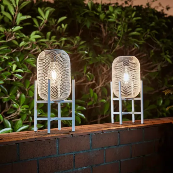 Set of 2 White Metal Mesh Solar Powered Edison Bulb Outdoor Lantern with Stand {3}