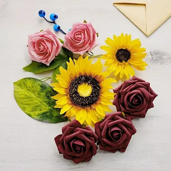Yellow SILK Sunflowers Burgundy Foam Roses Faux FLOWER BOX Party Events Supplies {1}