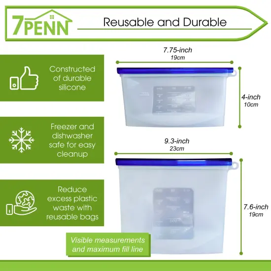 7Penn Silicone Food Storage Bag 500mL and 1000mL - 2pk Blue Reusable Food Bags {5}