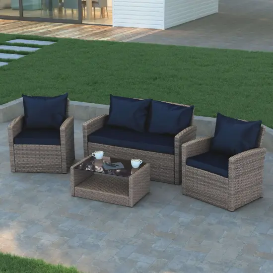 Emma and Oliver 4 Piece Patio Set with Gray Back Pillows & Seat Cushions - Outdoor Seating Navy/LightGrayFrame {3}