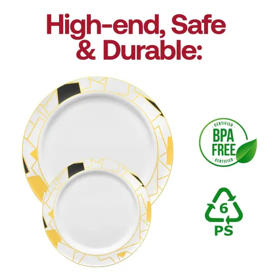 White with Black and Gold Abstract Squares Pattern Round Disposable Plastic Dinner Plates - 10.25" (120 Plates) {5}