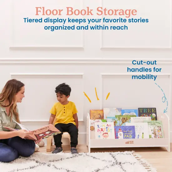3-Shelf Floor Book Display with Handles, Beginner Bookshelf White Wash {3}