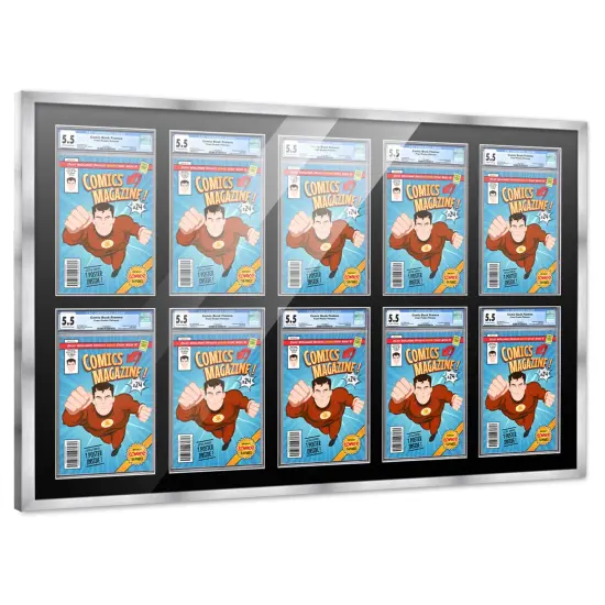 Comic Book Frame with Mat for 10 Graded Comics - Silver Wood Comic Frame With Black Mat for 8.125x13 Comics - 44x28.25 Frame Size {2}