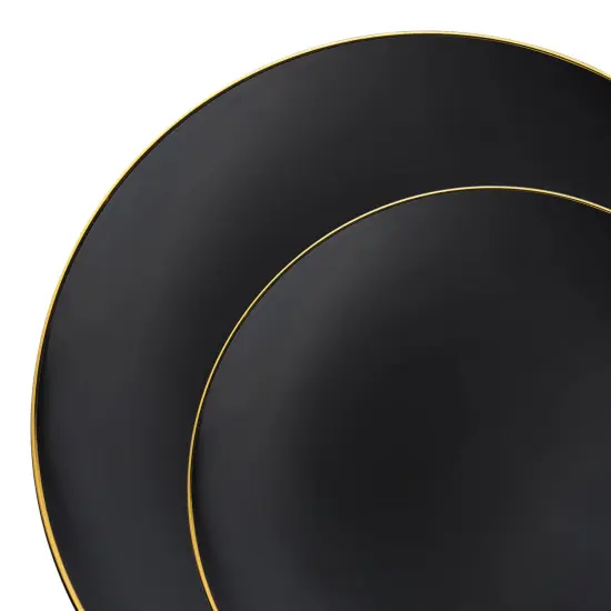 Black with Gold Rim Organic Round Disposable Plastic Dinnerware Value Set (120 Guests) {1}