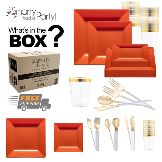 Burnt Orange Square Disposable Plastic Tableware Set (60 Settings) {1}