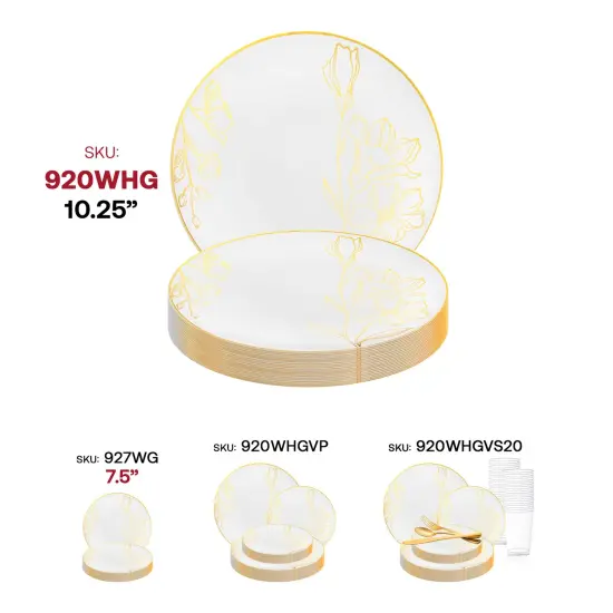 White with Gold Antique Floral Round Disposable Plastic Dinner Plates - 10.25" (120 Plates) {6}