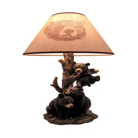 Black Bear Family Table Lamp W/ Tree Bark Print Shade {1}