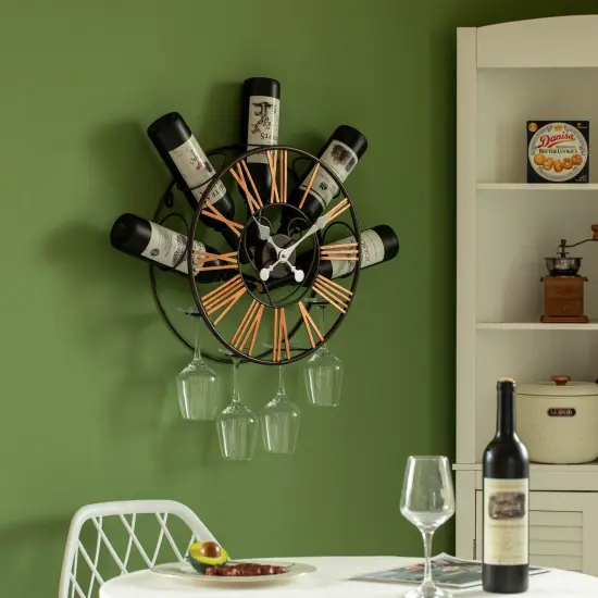 Vintiquewise Wall-Mounted Clock Design Wine Holder with Stemware Rack - Unique Shelf for Champagne, White & Red Wine Organizer with 4 Glass Holders, Wine Bottle Display for Home, Kitchen and Bar Decor {5}
