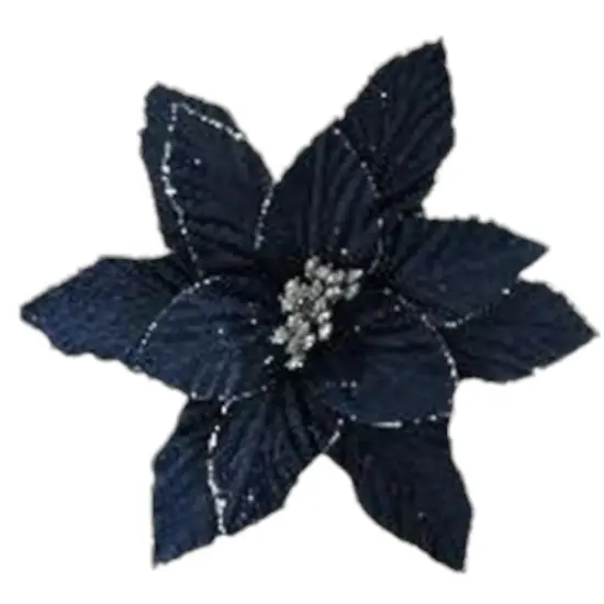 9" Dark Blue Poinsettia with Silver Accents &ndash; Luxurious Holiday Floral Pick {1}