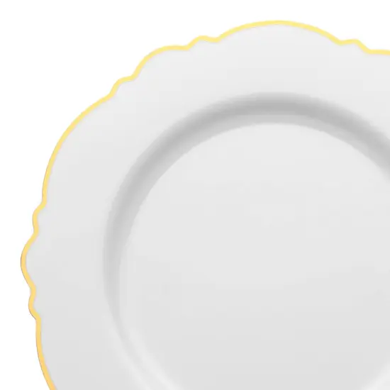 White with Gold Rim Round Blossom Disposable Plastic Dinner Plates - 10.25" (120 Plates) {1}