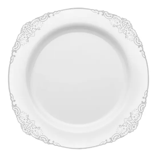 White with Silver Fancy Round Disposable Plastic Dinner Plates - 10.25" (120 Plates) {2}