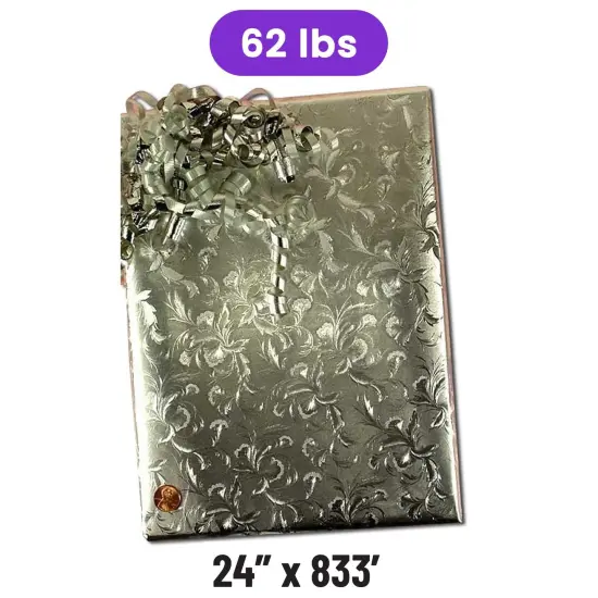 Silver Large Floral Embossed Metallic Wrapping Paper 24" x 833" Jumbo Roll {1}