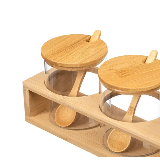 Basicwise 3-Piece Glass Containers with Bamboo Lids and Tray Holder &ndash; Decorative Storage for Condiment Pots and Spice Jars - Coffee Station Accessories, Perfect Organizer for Home Kitchen or Caf&eacute; {5}