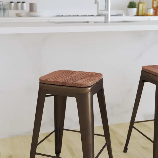 Merrick Lane Brooklyn 24 Inch Tall Stackable Metal Bar Counter Stool With Textured Elm Wood Seat In Set Of 4 Gun Metal {3}