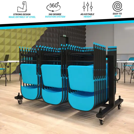 Emma and Oliver Kirk Heavy Duty Folding Table and Chairs Mobile Cart with Locking Wheels and Included Bungee Cords Black {5}