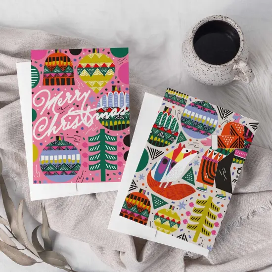 Folk Art Christmas Cards - 24-Pack Holiday Greeting Cards with 4 Vibrant and Colorful Designs, Perfect for Sharing Merry Christmas & Holiday Wishes, Blank Inside for Personalized Messages - Unique and Artistic Stationery Set {3}