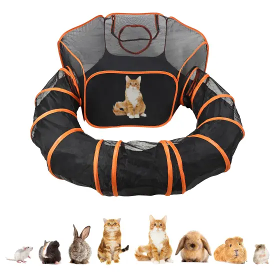 MiMu Dog Playpen - 4 Foot Cat Tent with Exercise Tunnel - Orange Pop Up Mesh Pen {1}
