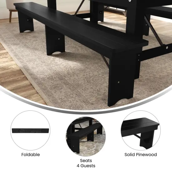 Merrick Lane Tinsley 96" x 12" Solid Pine Folding Farmhouse Style Bench Black Wash {5}