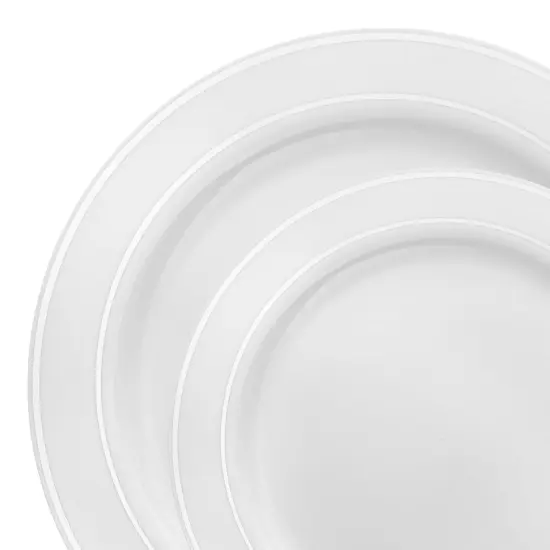 White with Silver Edge Rim Plastic Dinnerware Value Set (120 Guests) {1}