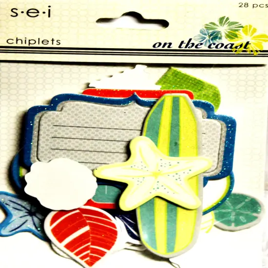 S.E.I On The Coast Chiplets Glittered Chipboard Ephemera {1}