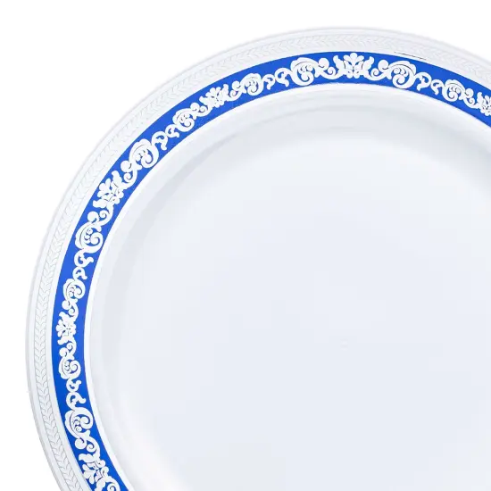 White with Blue and Silver Royal Rim Plastic Dinner Plates - 10.25" (120 Plates) {1}
