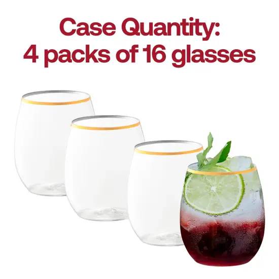 Clear with Gold Elegant Stemless Plastic Wine Glasses - 12 oz. (64 Glasses) {5}