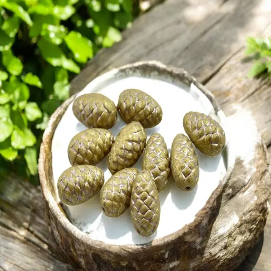 *10* 13x8mm Platinum Washed Gold Satin Pine Cone Beads {1}