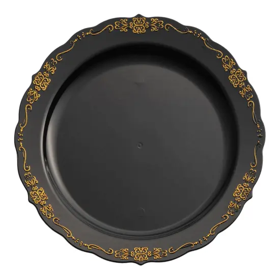 Black with Gold Vintage Rim Round Disposable Plastic Appetizer/Salad Plates - 7.5" (120 Plates) {2}