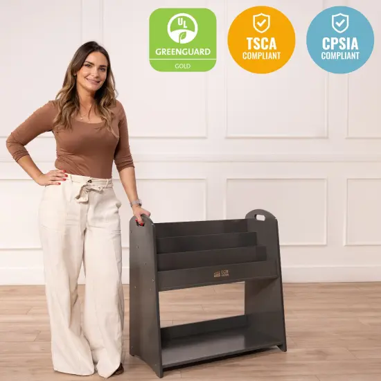 3-Shelf Floor Book Display with Handles and Storage, 30in, Classroom Storage Grey Wash {5}