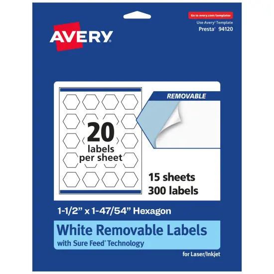 Avery Matte White Removable Hexagon Labels with Sure Feed Technology, Print-to-the-Edge, 1-1/2" x 1-47/54" {7}