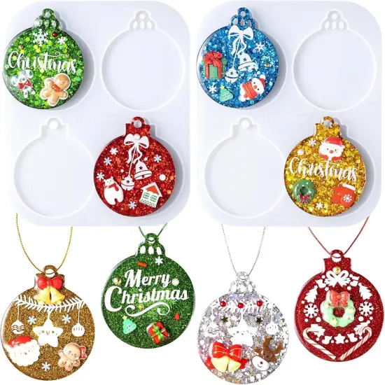 LET'S RESIN Christmas Resin Molds, Set of 2 Resin Molds Silicone with 8 Round Cavities Each 2.4 Inch with 20 Pcs Lanyard, Silicone Molds for Epoxy Resin, Christmas Tree Ornament, Jewelry Keychain {1}