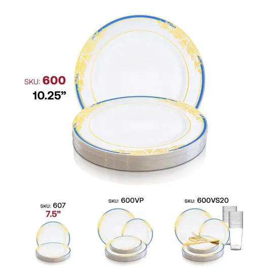 White with Blue and Gold Harmony Rim Plastic Dinner Plates - 10.25" (120 Plates) {6}