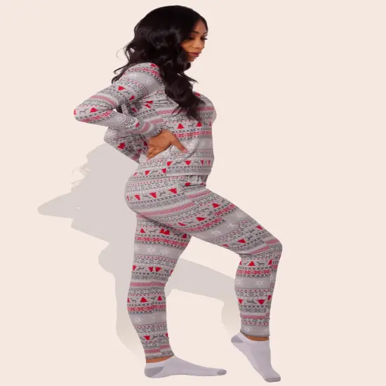 Women's Holiday Fleece Pajama Set Cozy Top & Sweatpants Gray, Red & White {4}