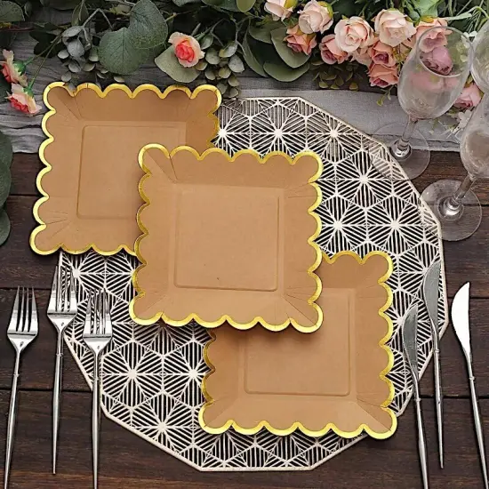 25 Natural 7" Square Disposable Salad Paper PLATES Gold Scalloped Trim Party {2}