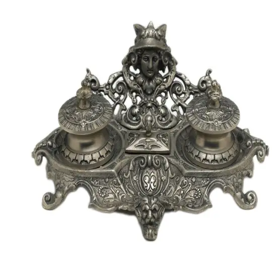 7 Inch Diameter Pewter Finish Inkwell Silver {4}