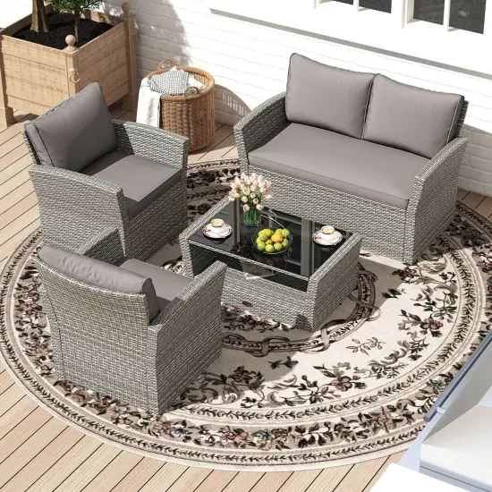 Costway 4 PCS Patio Furniture Set with 2 Rattan Chairs Loveseat Coffee Table Cushions Gray {2}