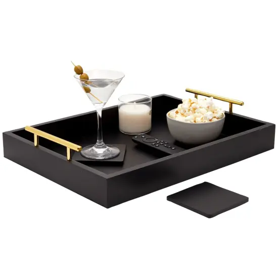 Black Serving Tray for Coffee Table, 16x12" with Coasters, Decorative Interchangeable Gold andSilver Handles {1}