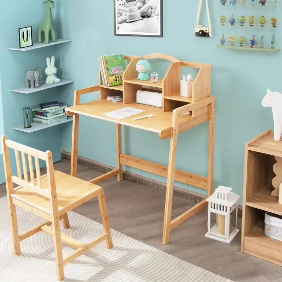 Costway Bamboo Kids Study Desk And Chair SetHeight Adjustable Home School w/ Bookshelf {5}